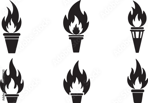Black Solid Abstract Torch Silhouettes Set of Six on White Background