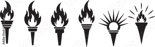 Black Solid Abstract Torch Silhouettes Set of Six on White Background