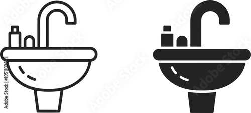 Outline and Silhouette of Bathroom Sink with Faucet and Bottles on White Background washbasin basin