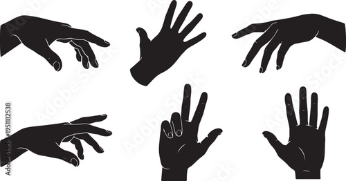 Black Solid Abstract Hand Silhouettes Set of Six on White Background