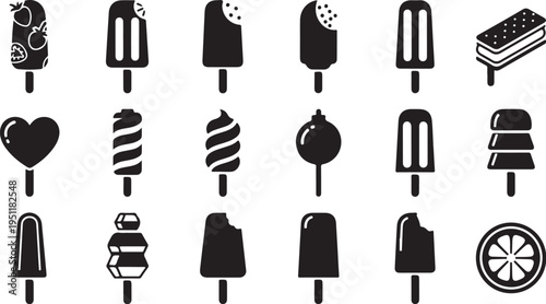 Black and white icons of various ice cream flavors