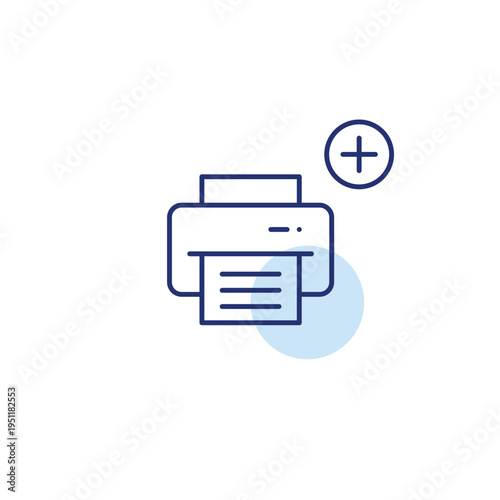 New print, document create, office task. Printer and plus sign. Pixel perfect, editable stroke vector icon