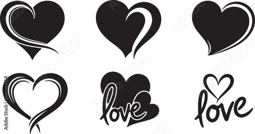 Black Solid Abstract Heart Silhouettes Set of Six on White Background