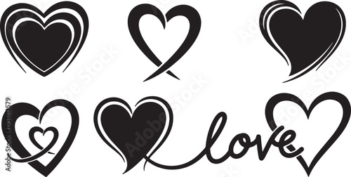 Black Solid Abstract Heart Silhouettes Set of Six on White Background