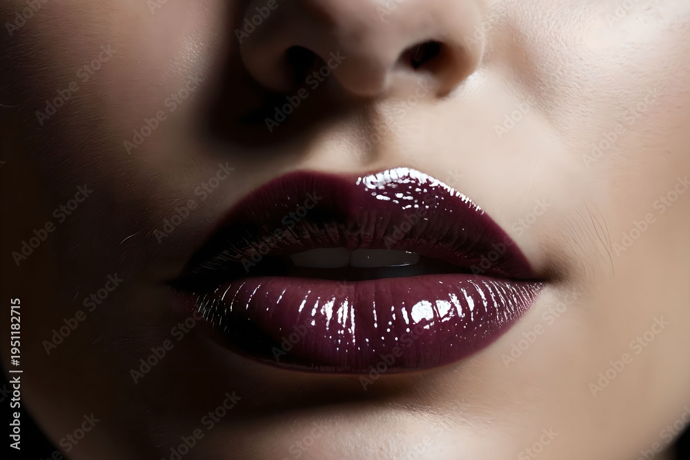 Naklejka premium Macro Portrait of Glossy Burgundy Lips with Reflective Finish