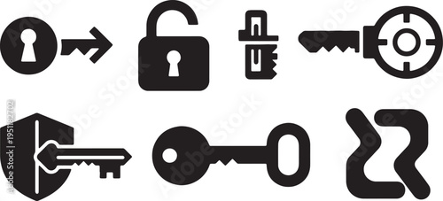 Black Solid Abstract Key Silhouettes Set of Six on White Background
