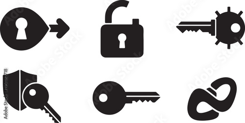 Black Solid Abstract Key Silhouettes Set of Six on White Background