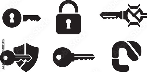 Black Solid Abstract Key Silhouettes Set of Six on White Background