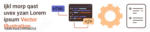 Web development, software engineering, coding tutorial, programming tools, digital workflow, system integration. HTML code, gear and document icons. Web development and software engineering concept