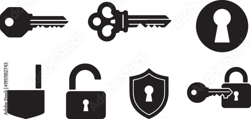 Black Solid Abstract Key Silhouettes Set of Six on White Background