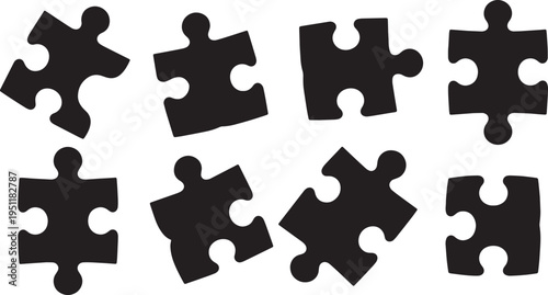 Black Solid Abstract Puzzle Silhouettes Set of Six on White Background