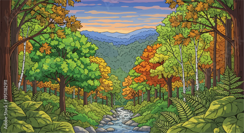Vibrant autumn forest vector illustration with a flowing river, colorful trees, and lush foliage under a serene sky, ideal for nature-themed designs.