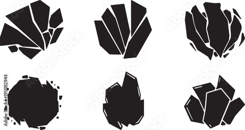 Black Solid Abstract Smoke Vapor Silhouettes Set of Six on White Background