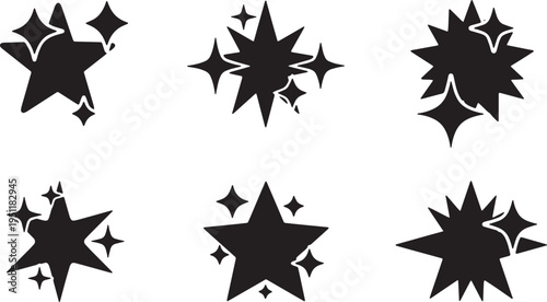 Black Solid Abstract Star Silhouettes Set of Six on White Background
