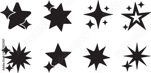Black Solid Abstract Star Silhouettes Set of Six on White Background