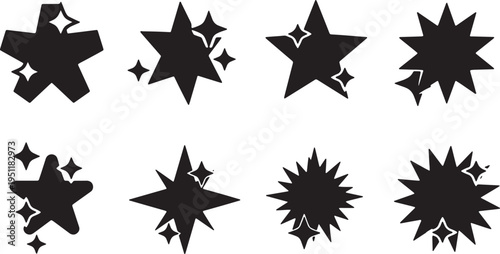 Black Solid Abstract Star Silhouettes Set of Six on White Background