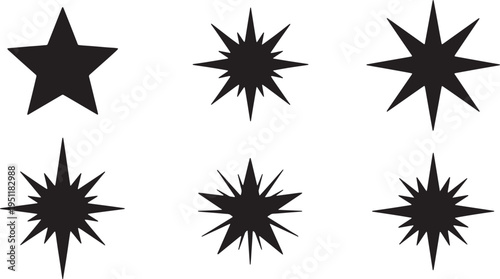 Black Solid Abstract Star Silhouettes Set of Six on White Background