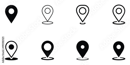 Set of location pin icons, versatile vector icons including map pins, GPS pointers, and location markers, clean modern design