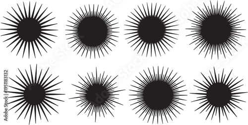 Black Solid Abstract Sunburst Silhouettes Set of Six on White Background