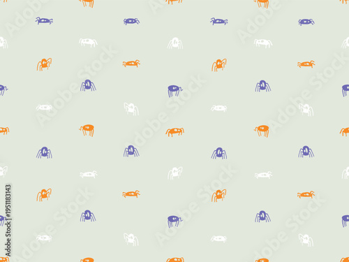 Halloween seamless pattern with bright spider silhouettes. Cute crayon elements for halloween spooky holiday decor. Doodle spider icons with charcoal texture, vector illustration