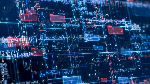 Complex futuristic network with math expressions and equations, concept of ai assistant, machine learning, neural network, science and technology (3d render)