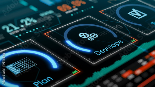 Agile project management, project life cycle, futuristic software interface (3d render)