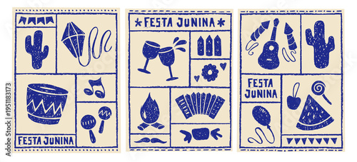 Festa Junina carnival flyers with crayon icons of summer festival in frames. Music party posters with accordion, guitar, bonfire, drum and lantern drawn with blue chalk, vector illustration