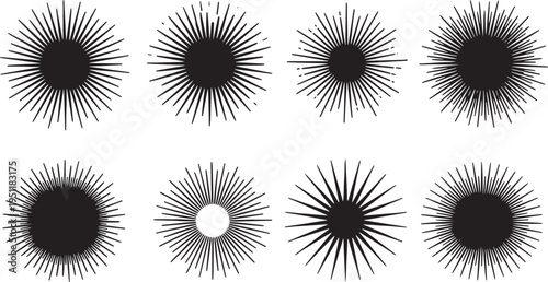 Black Solid Abstract Sunburst Silhouettes Set of Six on White Background