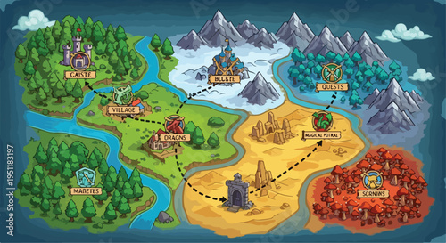 Fantasy adventure map vector illustration with castles, forests, mountains, and desert for game design or storybook background