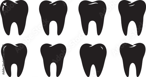 Black Solid Abstract Tooth Silhouettes Set of Six on White Background