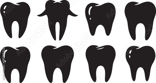 Black Solid Abstract Tooth Silhouettes Set of Six on White Background