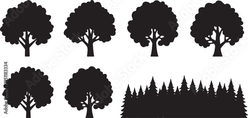Black Solid Abstract Tree Silhouettes Set of Six on White Background