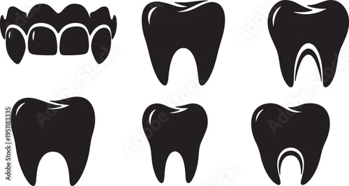 Black Solid Abstract Tooth Silhouettes Set of Six on White Background