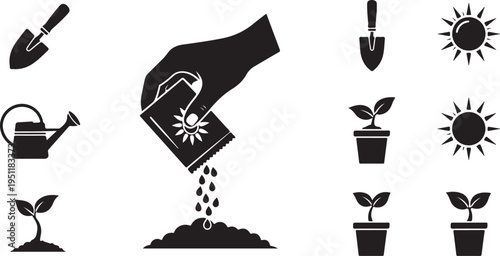 Gardening icons with hand planting flower seeds in soil