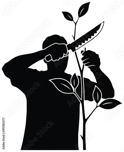 Silhouette of a gardener pruning a plant with a knife—gardening pruning concept and plant care.