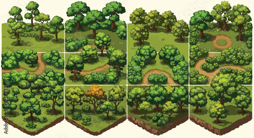 Isometric pixel art forest and park elements vector set for game design, map creation, and nature landscape scenes