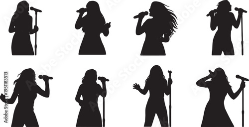 Black Solid Acoustic Guitarist Silhouettes Set of Six on White Background