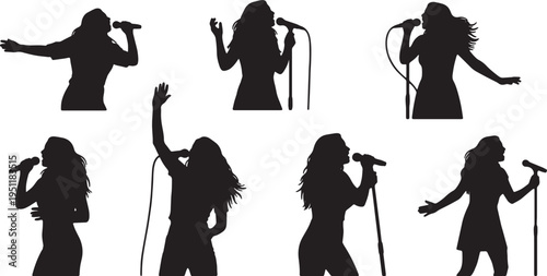 Black Solid Acoustic Guitarist Silhouettes Set of Six on White Background