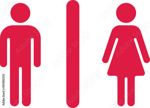 Red male and female restroom signs separated by a vertical line Keywords: restroom sign, toilet sign, bathroom sign, men's room