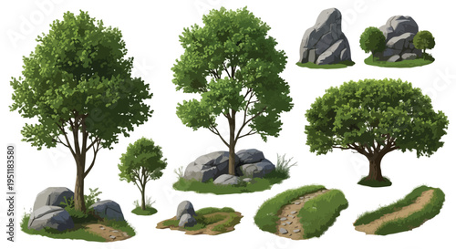 Set of 10 realistic vector elements: green trees, grey rocks, and winding dirt paths for landscape design and nature scenes