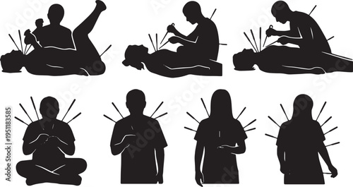 Black Solid Acupuncture Silhouettes Set of Six on White Background