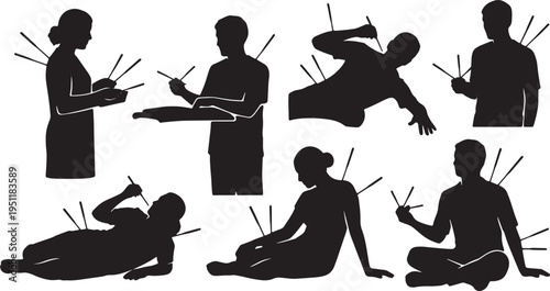 Black Solid Acupuncture Silhouettes Set of Six on White Background