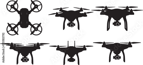 Black Solid Aerial Drone Silhouettes Set of Six on White Background