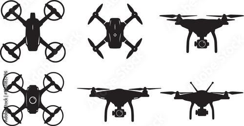 Black Solid Aerial Drone Silhouettes Set of Six on White Background