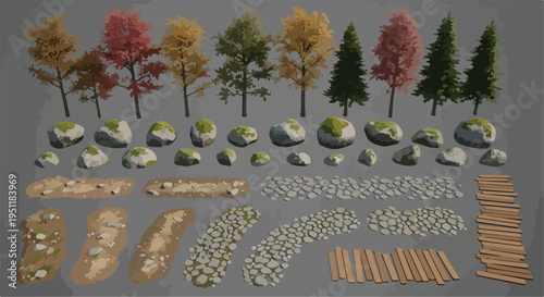 Set of 40+ vector nature elements including trees, rocks, moss, dirt paths, and wooden planks for game design or landscape illustration