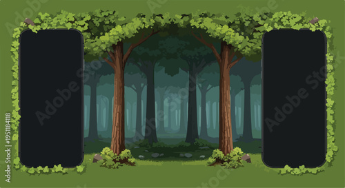Enchanted forest archway with lush green leaves and two dark smartphone frames, mystical woodland background for nature-themed design