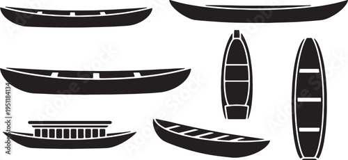 Black Solid Traditional African Dugout Canoes and Boats Silhouettes Set of Six on White Background