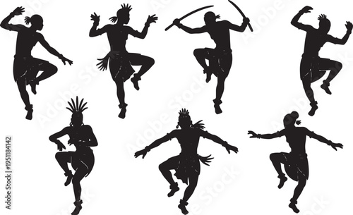 Black Solid African Dancer Silhouettes Set of Six on White Background