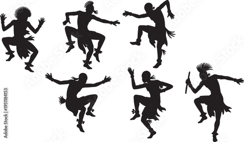 Black Solid African Dancer Silhouettes Set of Six on White Background