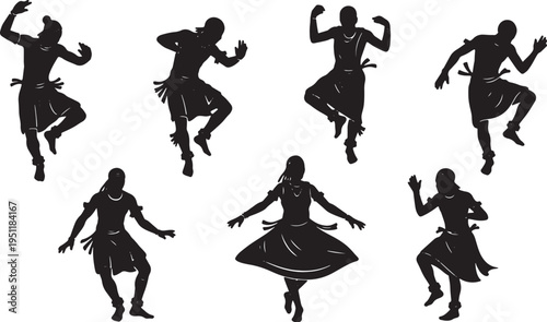 Black Solid African Dancer Silhouettes Set of Six on White Background